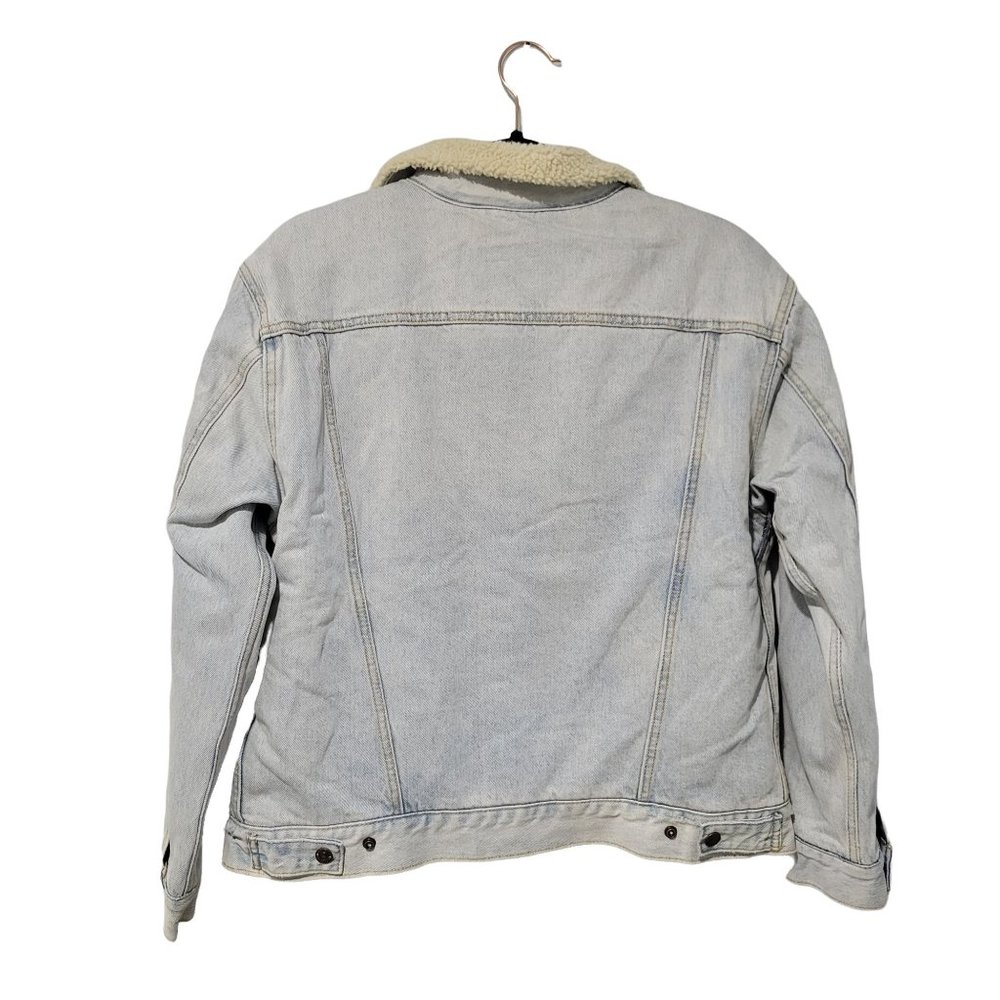 Women's Blue Ex-boyfriend Floral-embroidered Denim Sherpa Trucker Jack… - Picture 8 of 12